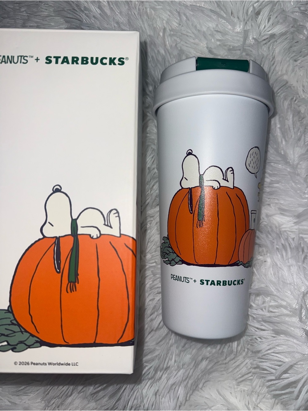 Starbucks White Tumbler with Orange Pumpkin and Green Accents Peanuts Snoopy
